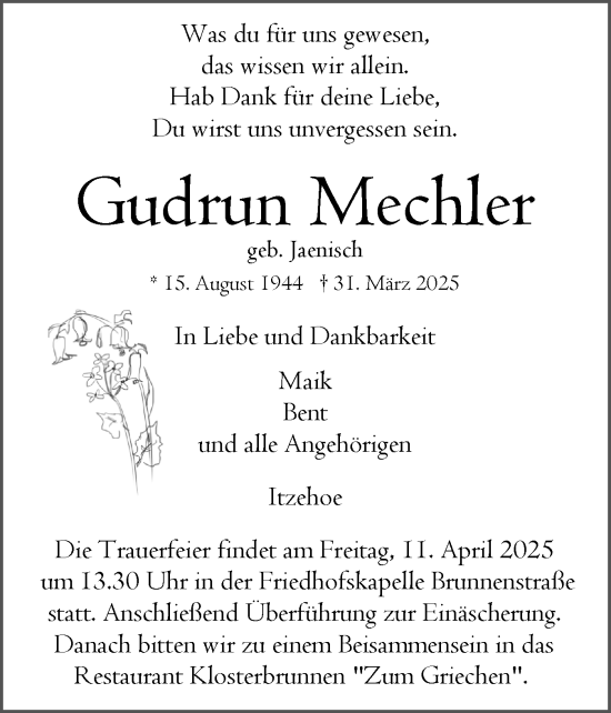 Traueranzeige von Gudrun Mechler von Norddeutsche Rundschau, Wilstersche Zeitung, Glückstädter Fortuna