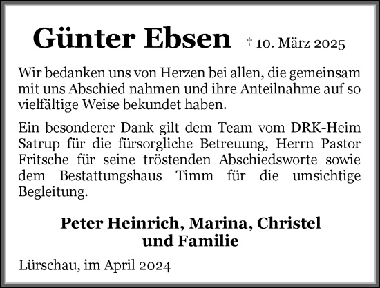 Traueranzeige von Günter Ebsen von Flensburger Tageblatt, Schleswiger Nachrichten, Schlei-Bote