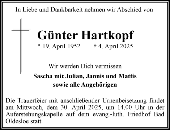 Traueranzeige von Günter Hartkopf von MARKT Bad Oldesloe/Reinfeld und Stormarner Tageblatt
