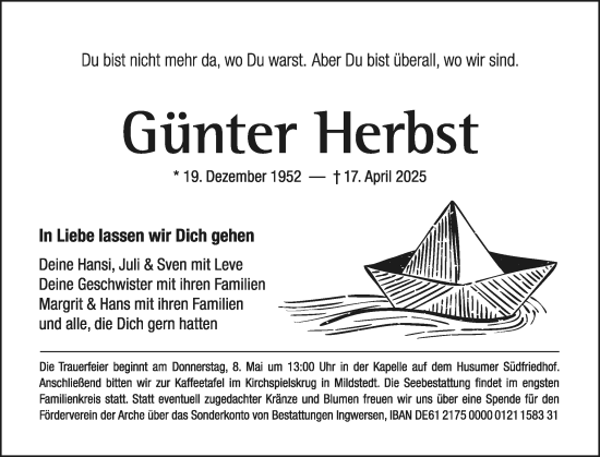 Traueranzeige von Günter Herbst von Husumer Nachrichten, Nordfriesland Tageblatt