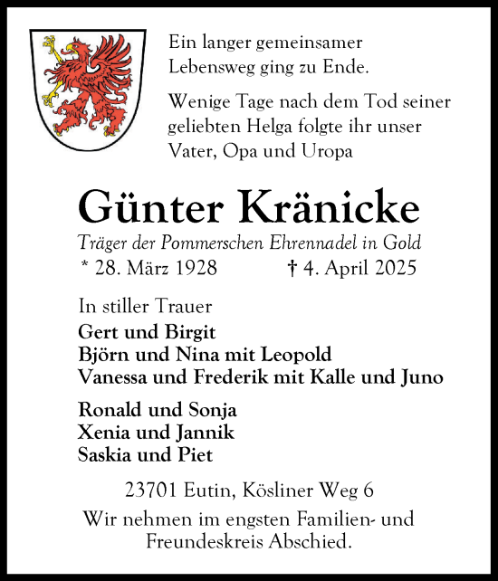 Traueranzeige von Günter Kränicke von Ostholsteiner Anzeiger