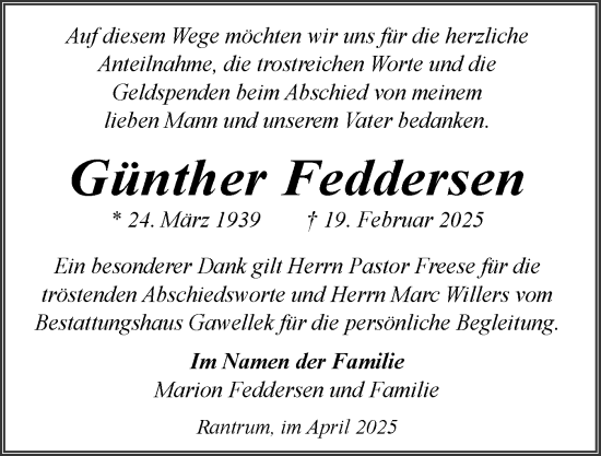 Traueranzeige von Günther Feddersen von Husumer Nachrichten, Nordfriesland Tageblatt