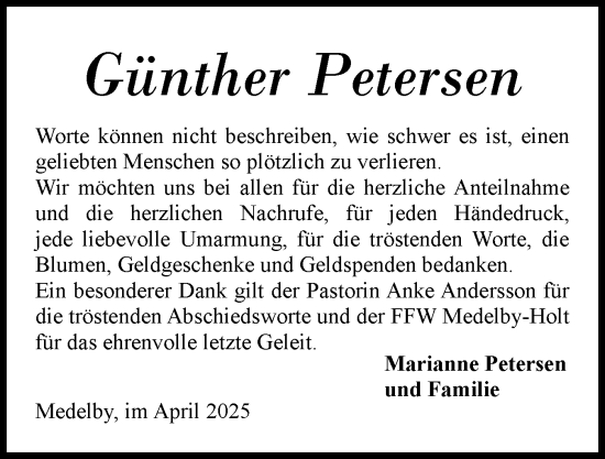 Traueranzeige von Günther Petersen von Flensburger Tageblatt