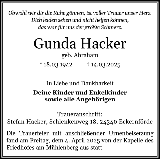 Traueranzeige von Gunda Hacker von Hallo Eckernförde