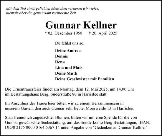 Traueranzeige von Gunnar Kellner von Flensburger Tageblatt