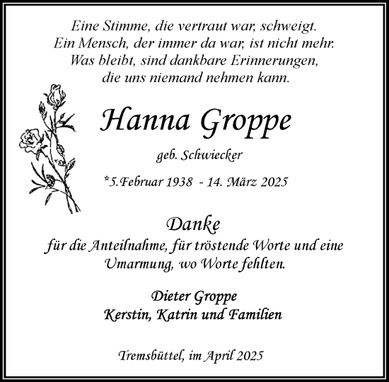 Traueranzeige von Hanna Groppe von MARKT Ahrensburg/Bargteheide/Trittau und Stormarner Tageblatt