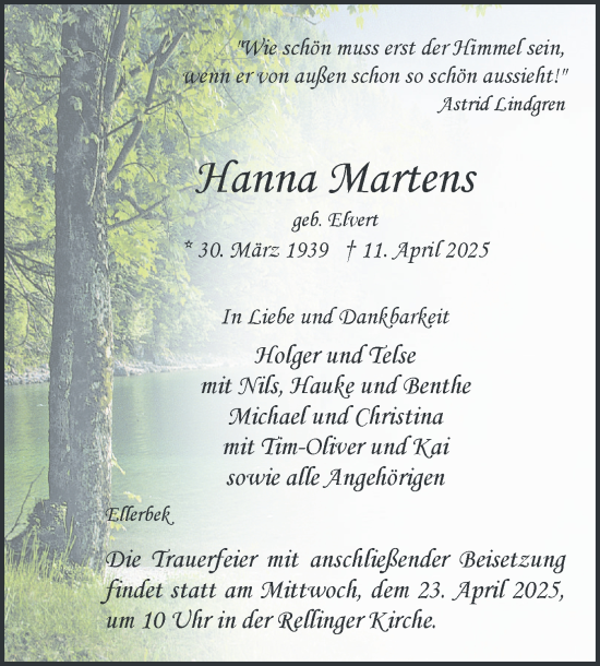 Traueranzeige von Hanna Martens von Region Pinneberg und tip Pinneberg