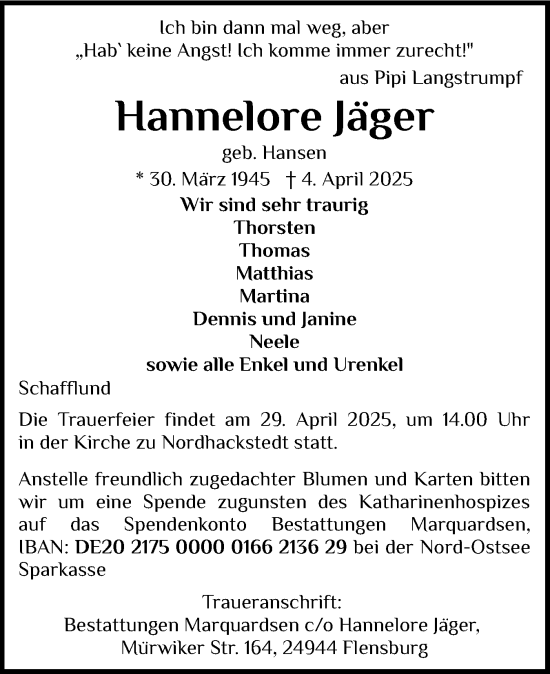 Traueranzeige von Hannelore Jäger von Flensburger Tageblatt
