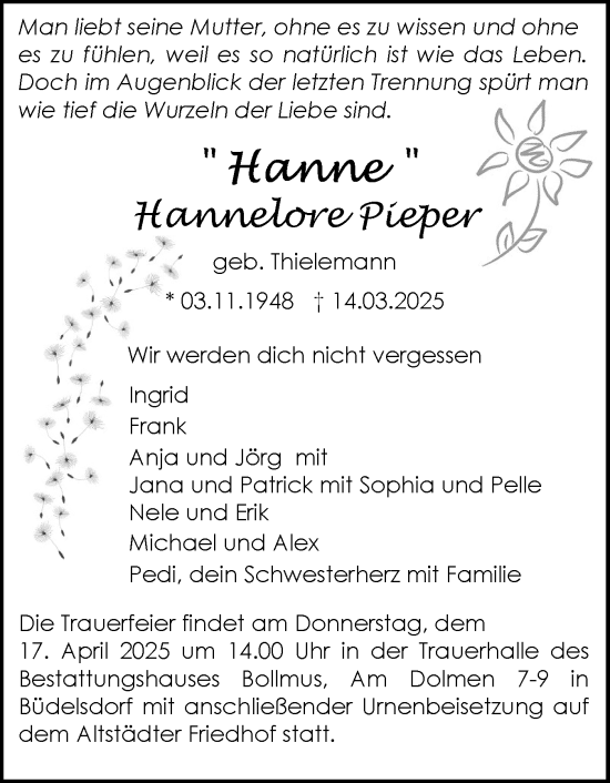 Traueranzeige von Hannelore Pieper von Schleswig-Holsteinische Landeszeitung
