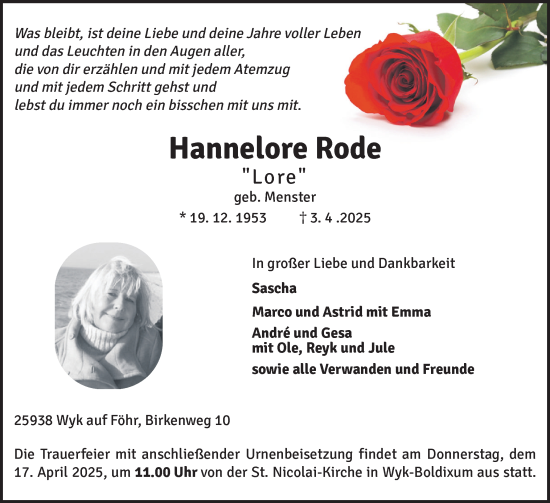 Traueranzeige von Hannelore Rode von Der Insel-Bote