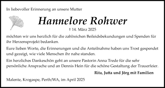 Traueranzeige von Hannelore Rohwer von Schleswig-Holsteinische Landeszeitung