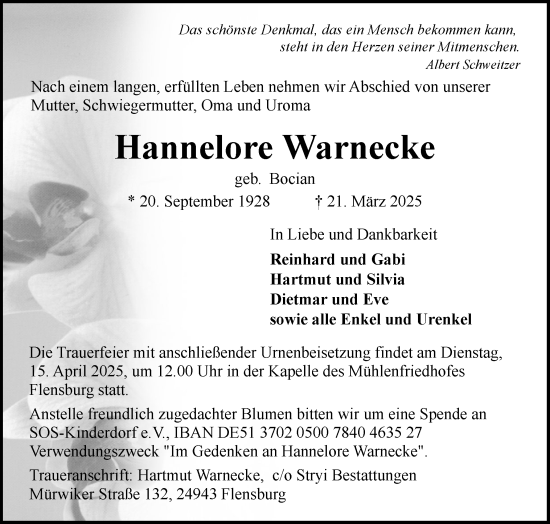 Traueranzeige von Hannelore Warnecke von Flensburger Tageblatt