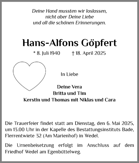 Traueranzeige von Hans-Alfons Göpfert von Wedel-Schulauer Tageblatt, tip Wedel-Schulauer Tageblatt, tip Rissener Rundschau