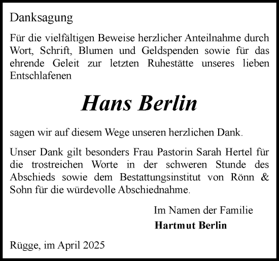 Traueranzeige von Hans  Berlin von Schleswiger Nachrichten, Schlei-Bote