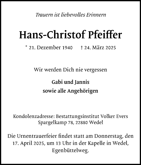 Traueranzeige von Hans-Christof Pfeiffer von Wedel-Schulauer Tageblatt, tip Wedel-Schulauer Tageblatt, tip Rissener Rundschau