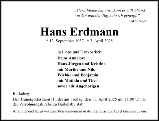 Traueranzeige von Hans Erdmann von Eckernförder Zeitung, Hallo Eckernförde