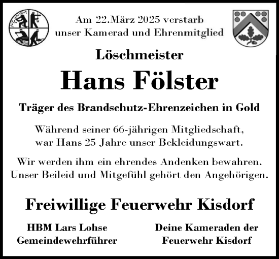 Traueranzeige von Hans Fölster von Umschau