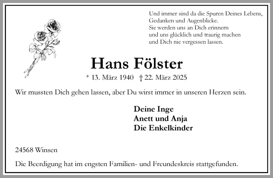 Traueranzeige von Hans Fölster von Umschau
