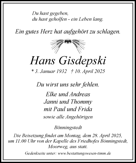 Traueranzeige von Hans Gisdepski von Umschau