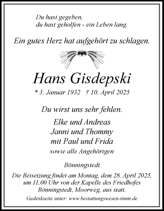 Traueranzeige von Hans Gisdepski von Region Pinneberg und tip Pinneberg
