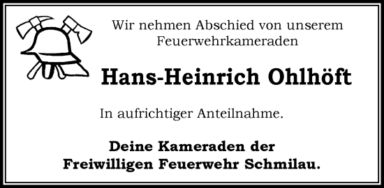 Traueranzeige von Hans-Heinrich Ohlhöft von MARKT Ratzeburg/Mölln