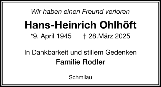Traueranzeige von Hans-Heinrich Ohlhöft von MARKT Ratzeburg/Mölln