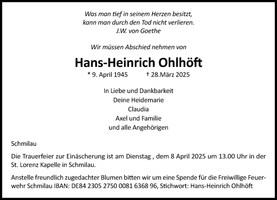 Traueranzeige von Hans-Heinrich Ohlhöft von MARKT Ratzeburg/Mölln