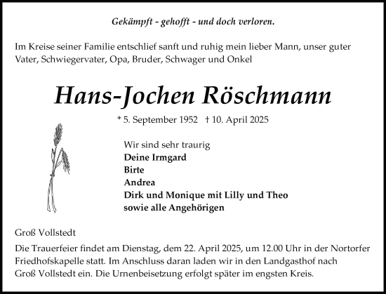 Traueranzeige von Hans-Jochen Röschmann von Schleswig-Holsteinische Landeszeitung