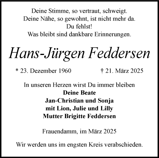 Traueranzeige von Hans-Jürgen Feddersen von Schleswig-Holsteinische Landeszeitung