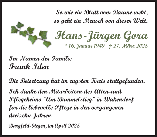 Traueranzeige von Hans-Jürgen Gora von MARKT Ahrensburg/Bargteheide/Trittau und Stormarner Tageblatt