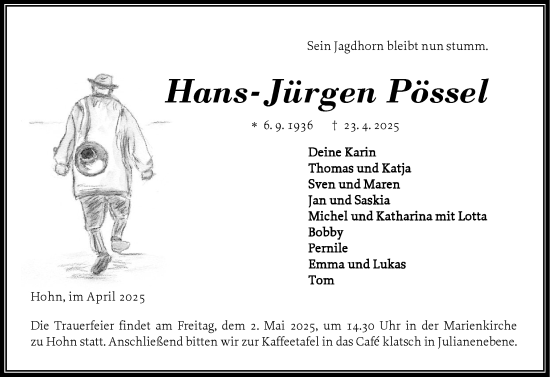 Traueranzeige von Hans-Jürgen Pössel von Schleswig-Holsteinische Landeszeitung