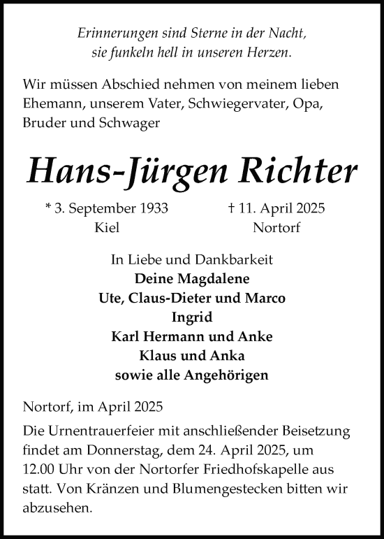 Traueranzeige von Hans-Jürgen Richter von Schleswig-Holsteinische Landeszeitung