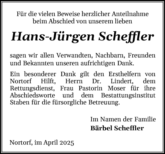 Traueranzeige von Hans-Jürgen Scheffler von Schleswig-Holsteinische Landeszeitung