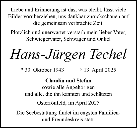 Traueranzeige von Hans-Jürgen Techel von Schleswig-Holsteinische Landeszeitung