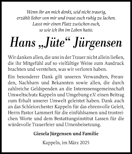Traueranzeige von Hans Jürgensen von Schleswiger Nachrichten, Schlei-Bote