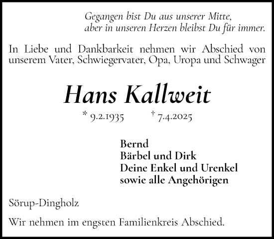 Traueranzeige von Hans Kallweit von Flensburger Tageblatt