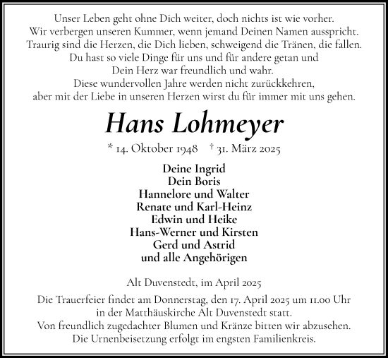 Traueranzeige von Hans Lohmeyer von Schleswig-Holsteinische Landeszeitung