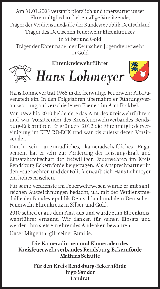 Traueranzeige von Hans Lohmeyer von Eckernförder Zeitung, Hallo Eckernförde