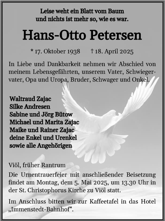 Traueranzeige von Hans-Otto Petersen von Husumer Nachrichten, Nordfriesland Tageblatt