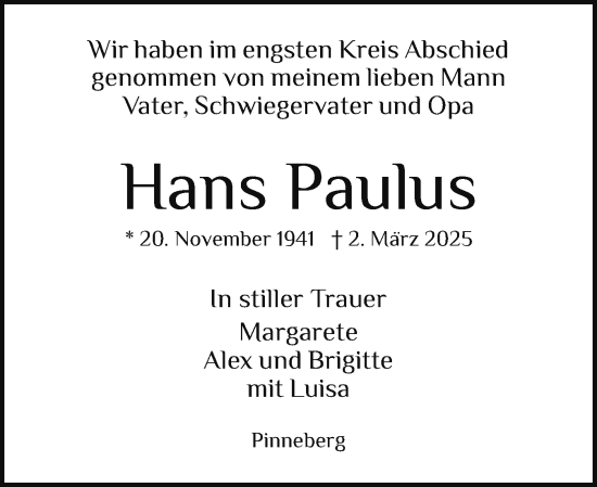 Traueranzeige von Hans Paulus von Elmshorner Nachrichten, Barmstedter Zeitung