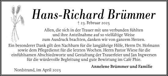 Traueranzeige von Hans-Richard Brümmer von Husumer Nachrichten, Nordfriesland Tageblatt