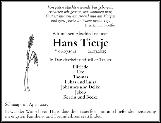 Traueranzeige von Hans Tietje von Hallo Eckernförde
