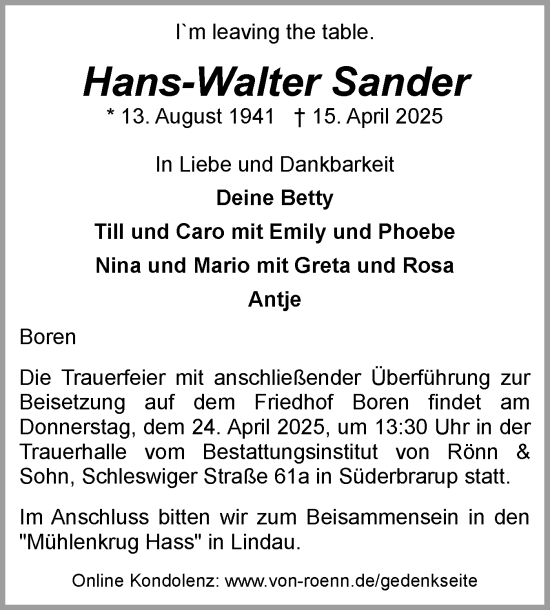 Traueranzeige von Hans-Walter Sander von Flensburger Tageblatt, Schleswiger Nachrichten, Schlei-Bote