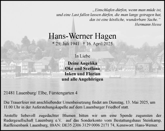 Traueranzeige von Hans-Werner Hagen von Wochenend Anzeiger