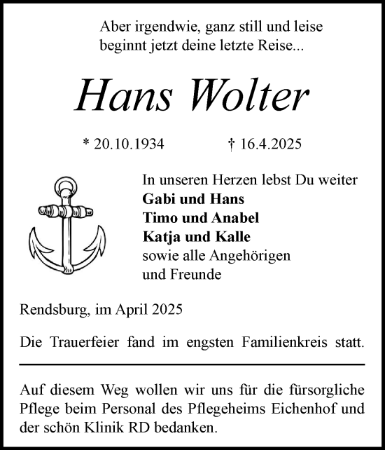 Traueranzeige von Hans Wolter von Schleswig-Holsteinische Landeszeitung