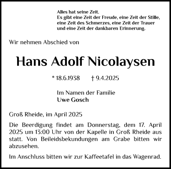 Traueranzeige von Hans Adolf Nicolaysen von Schleswiger Nachrichten, Schlei-Bote