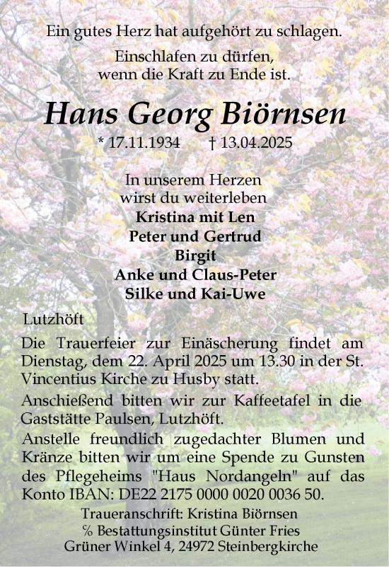 Traueranzeige von Hans Georg Biörnsen von Flensburger Tageblatt