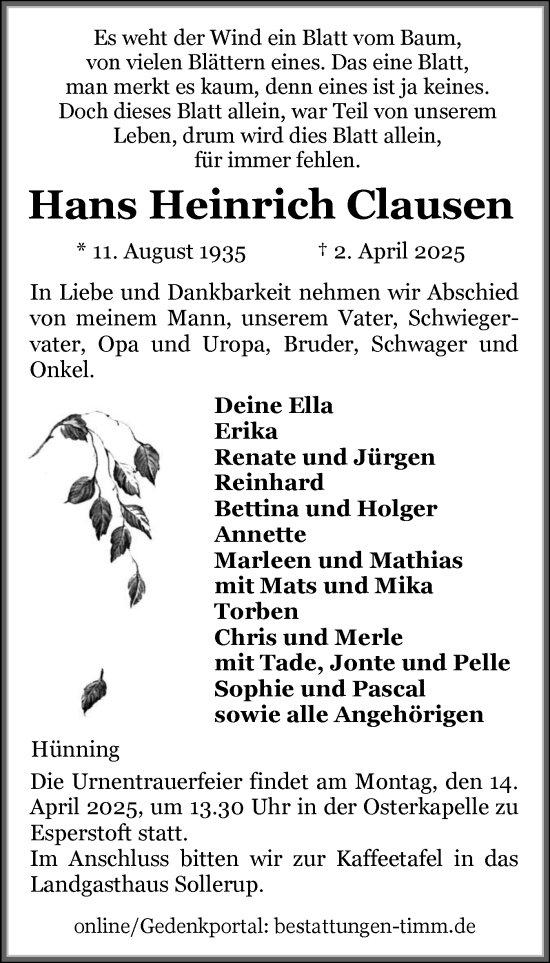 Traueranzeige von Hans Heinrich Clausen von Flensburger Tageblatt, Schleswiger Nachrichten, Schlei-Bote
