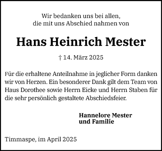 Traueranzeige von Hans Heinrich Mester von Schleswig-Holsteinische Landeszeitung