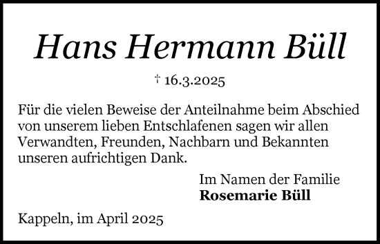 Traueranzeige von Hans Hermann Büll von Schleswiger Nachrichten, Schlei-Bote